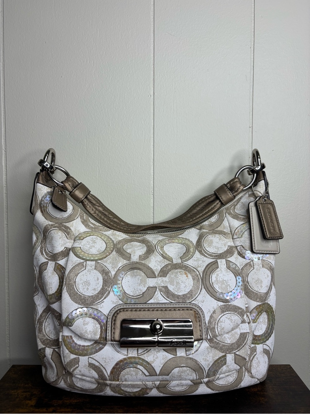 Coach Kristin Beige Sequin Op Art Shoulder Hand Bag Vintage Y2K Womens Purse